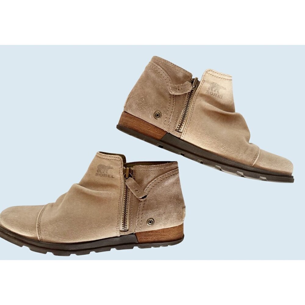 SOREL Major Low Ankle Boots Canvas Suede Tan Side Zip Size 8.5